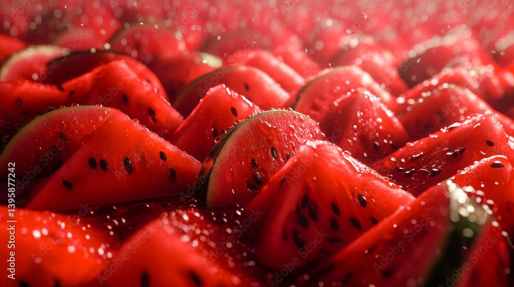 Ripe juicy watermelon with dark seeds macro texture. Slice of delicious organic watermelon pulp. Fresh summer fruit abstract background.