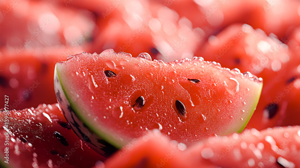 Ripe juicy watermelon with dark seeds macro texture. Slice of delicious organic watermelon pulp. Fresh summer fruit abstract background.