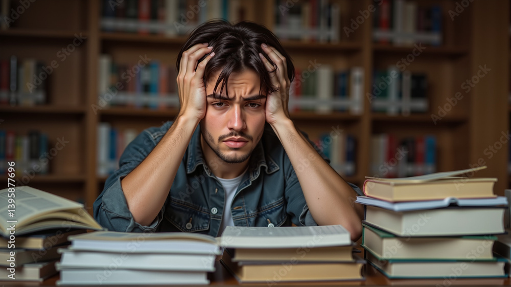 Stressed Male Student in Library – Overwhelmed Young Man Studying for Final Exams for Academic Stress Representation, Education Blogs, and Mental Health Awareness Stressed Male Student in Library – Overwhelmed Young Man Studying for Final Exams for Academic Stress Representation, Education Blogs, and Mental Health Awareness