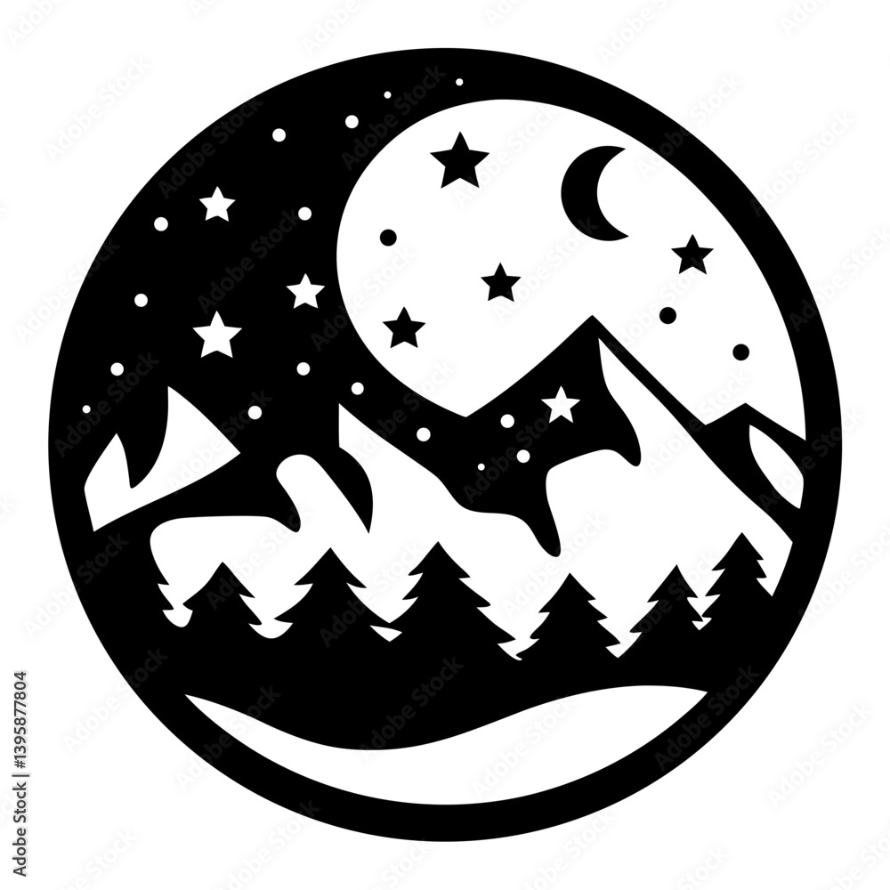 Night Sky Mountain Landscape Circular Design Black and White Illustration Night Sky Mountain Landscape Circular Design Black and White Illustration