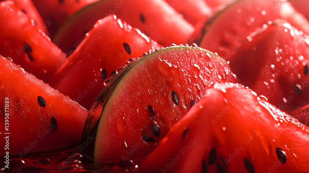 Ripe juicy watermelon with dark seeds macro texture. Slice of delicious organic watermelon pulp. Fresh summer fruit abstract background.