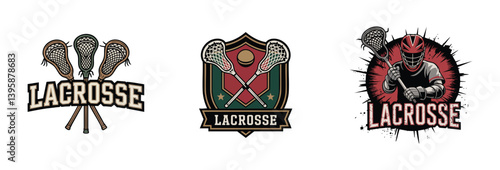 vintage Lacrosse Logo Set with Crossed Sticks, Shield, and Player Action
