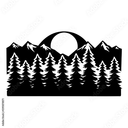 Majestic Mountain Range Silhouette with Full Moon and Evergreen Forest at Night