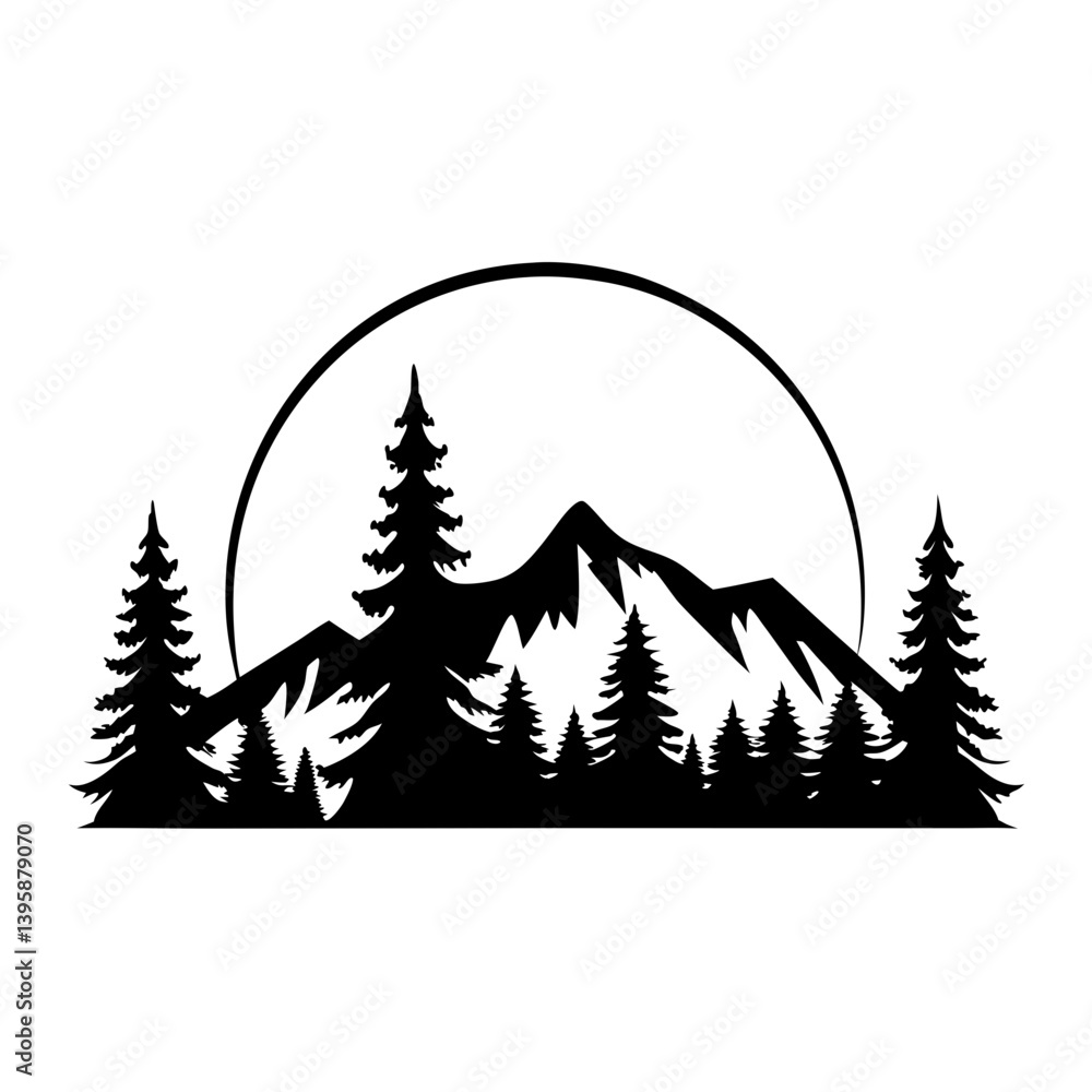 Obraz premium Majestic Mountain Landscape with Silhouetted Trees and a Full Moon