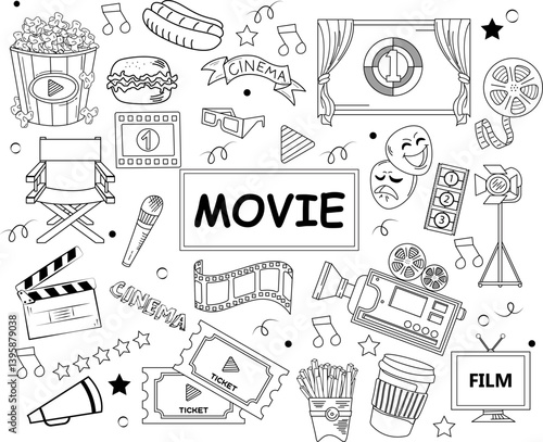 Cinema doodle. Line art. Vector illustration