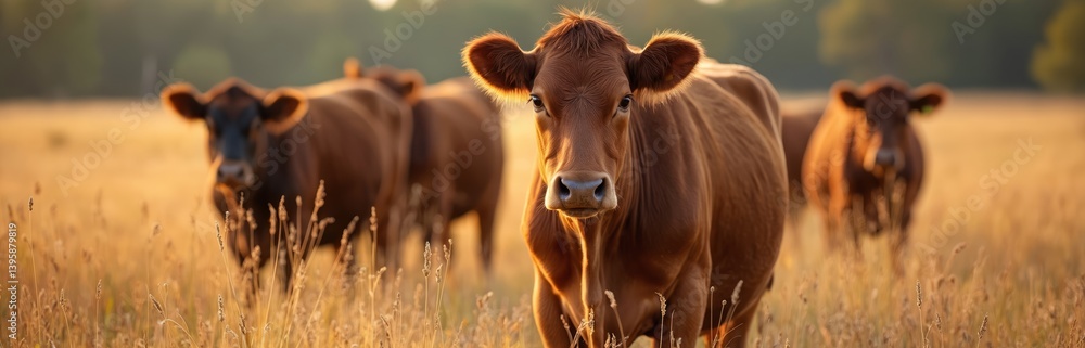 Horizontal banner with cattle in rural farmland. Brown cows grazing in a grassy field at sunset. Agricultural farming business industry concept. Domestic animals on pasture.
