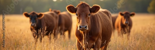 Obraz na płótnie Horizontal banner with cattle in rural farmland. Brown cows grazing in a grassy field at sunset. Agricultural farming business industry concept. Domestic animals on pasture. w salonie