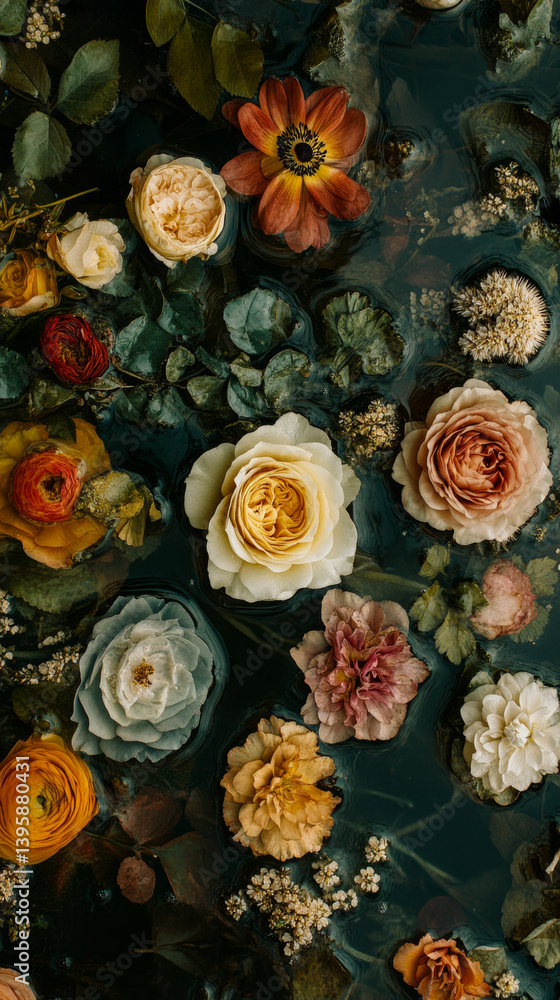 Beautiful aesthetic flowers in the pool water. Abstract Summer Floral art. Aqua transparent texture. Spa and cosmetic concept background