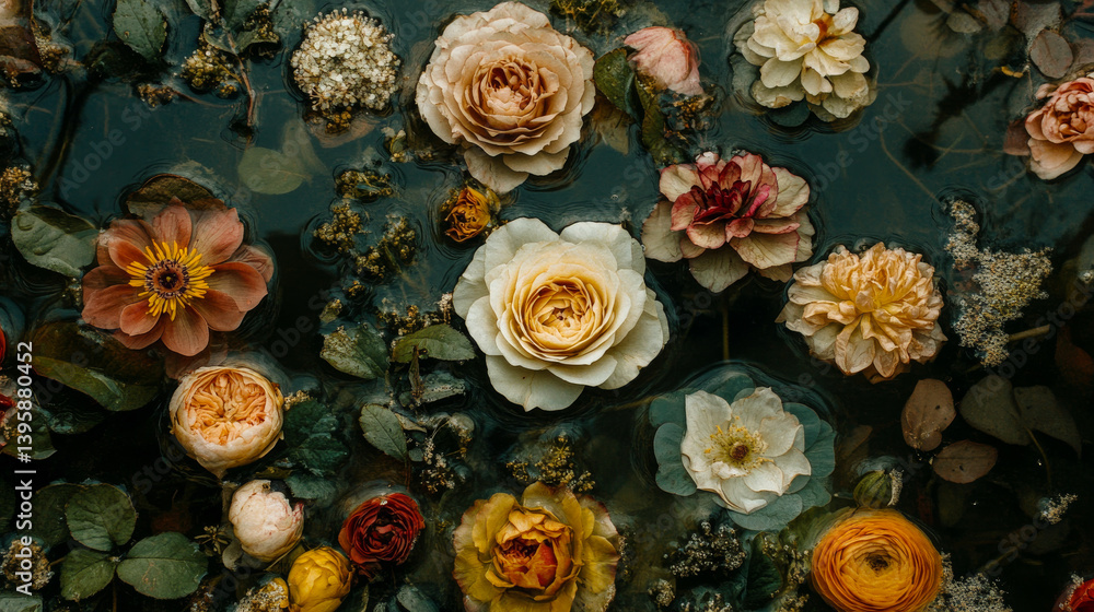 Beautiful aesthetic Roses flowers in the pool water. Abstract Summer Floral art. Aqua transparent texture. Spa and cosmetic concept background