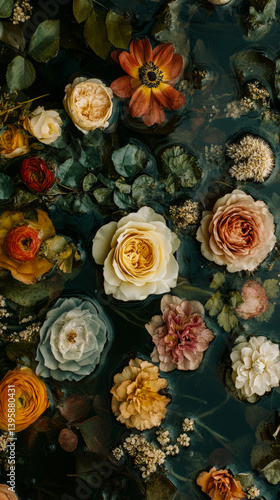 Obraz na płótnie Beautiful aesthetic flowers in the pool water. Abstract Summer Floral art. Aqua transparent texture. Spa and cosmetic concept background w salonie