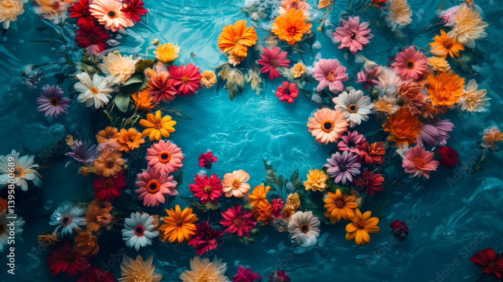 Beautiful aesthetic flowers in the pool water. Abstract Summer Floral art. Aqua transparent texture. Spa and cosmetic concept background with copy space