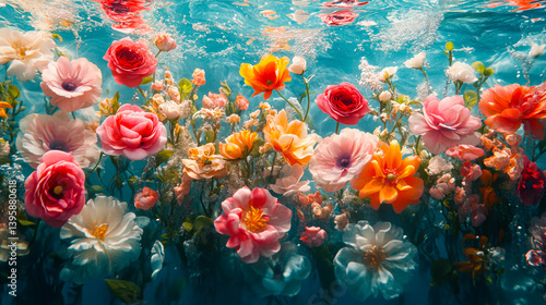 Obraz na płótnie Beautiful aesthetic flowers thrown into the water with splash drops in the pool. Abstract Summer Floral art. Aqua transparent texture. Spa and cosmetic concept background w salonie