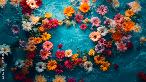 Obraz na płótnie Beautiful aesthetic flowers in the pool water. Abstract Summer Floral art. Aqua transparent texture. Spa and cosmetic concept background with copy space w salonie