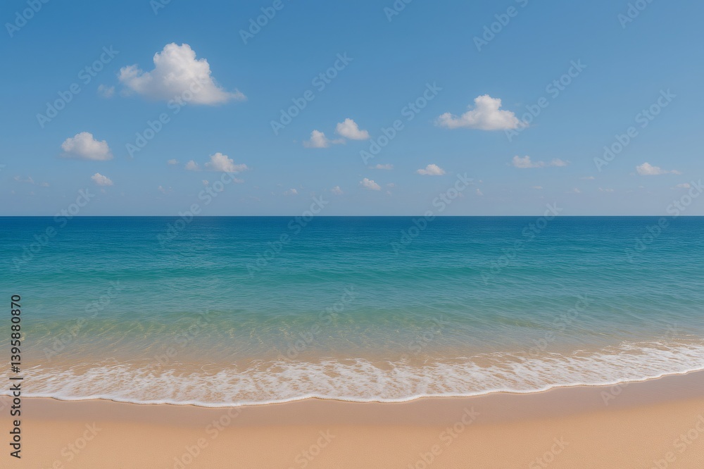 Serene ocean waves lapping golden shoreline under bright summer sky with wispy clouds Serene ocean waves lapping golden shoreline under bright summer sky with wispy clouds
