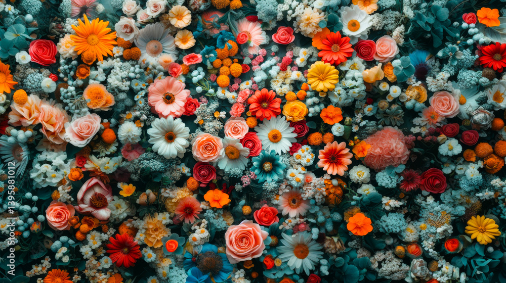 Floral pattern different mix wildflowers buds top view. Beautiful aesthetic flowers texture Flat lay. Abstract Summer Floral art for background