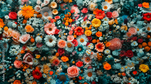 Floral pattern different mix wildflowers buds top view. Beautiful aesthetic flowers texture Flat lay. Abstract Summer Floral art for background