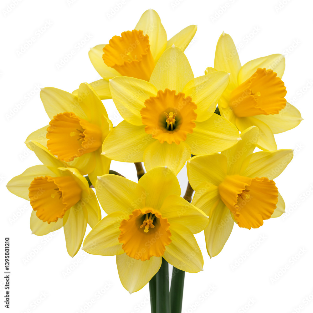 A radiant bouquet of daffodils, sunshine yellow petals embracing a vibrant orange heart, a symbol of springtime joy and renewal against a clean white background. A radiant bouquet of daffodils, sunshine yellow petals embracing a vibrant orange heart, a symbol of springtime joy and renewal against a clean white background.