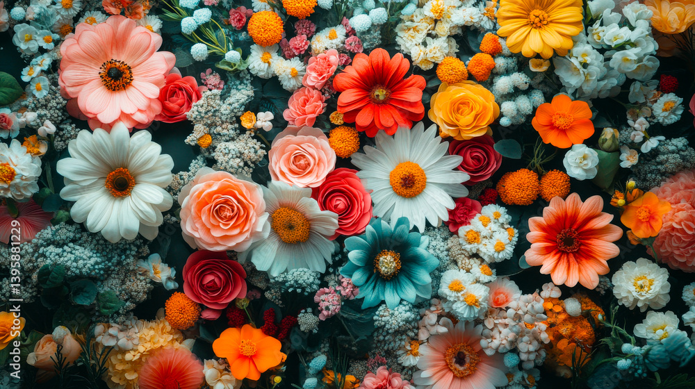 Floral pattern different mix wildflowers buds top view. Beautiful aesthetic flowers texture Flat lay. Abstract Summer Floral art for background