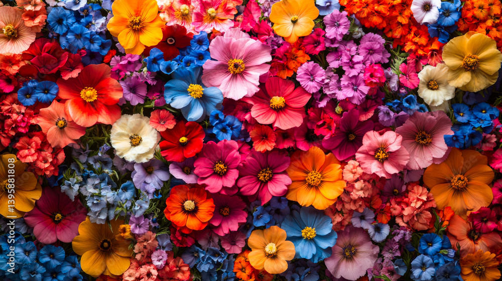 Floral pattern different mix wildflowers buds top view. Beautiful aesthetic flowers texture Flat lay. Abstract Summer Floral art for background