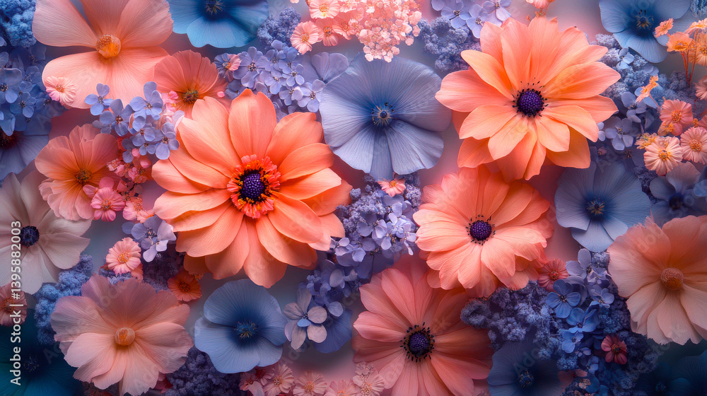 Floral pattern different mix wildflowers buds top view. Beautiful aesthetic flowers texture Flat lay. Abstract Summer Floral art for background