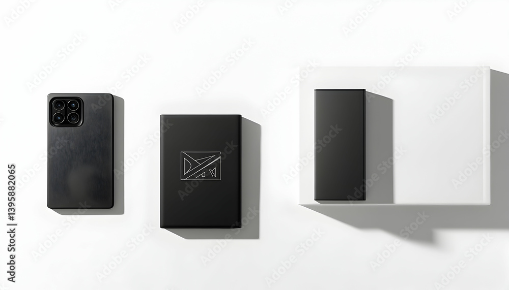 Sleek black smartphone and minimalist packaging on a clean white background, showcasing modern design Sleek black smartphone and minimalist packaging on a clean white background, showcasing modern design
