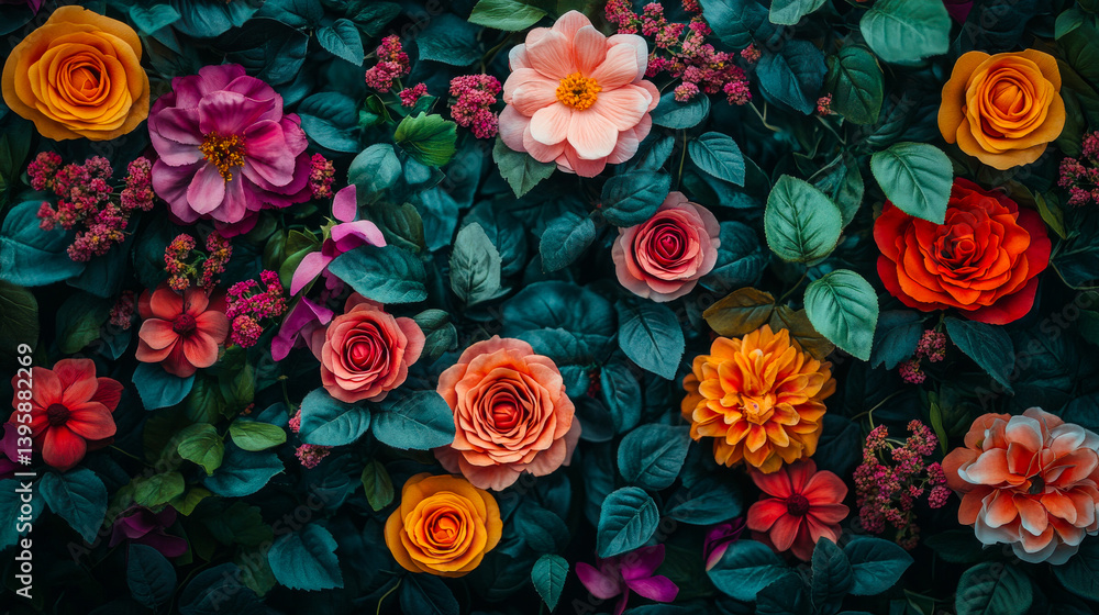 Floral pattern different mix wildflowers buds top view. Beautiful aesthetic flowers texture Flat lay. Abstract Summer Floral art for background