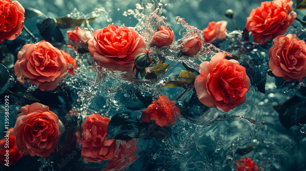 Beautiful aesthetic Roses flowers thrown into the water with splash drops in the pool. Abstract Summer Floral art. Aqua transparent texture. Spa and cosmetic concept background
