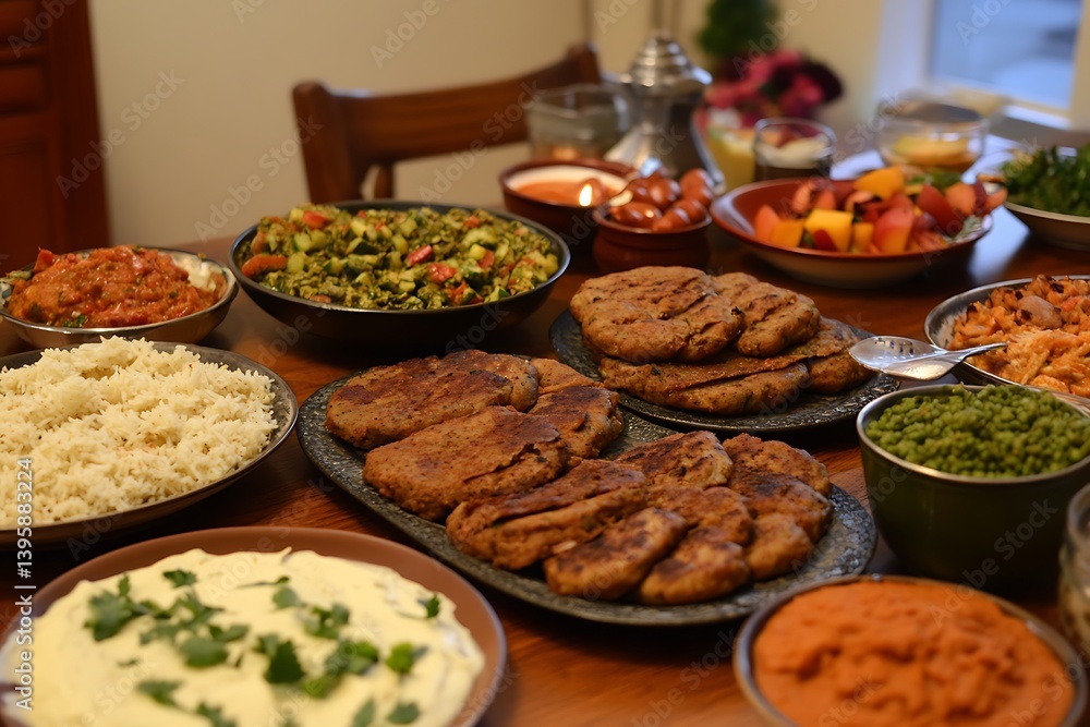 • A festive table spread featuring Chapli Kababs as the centerpiece, accompanied by various Pakistani side dishes and condiments • A festive table spread featuring Chapli Kababs as the centerpiece, accompanied by various Pakistani side dishes and condiments