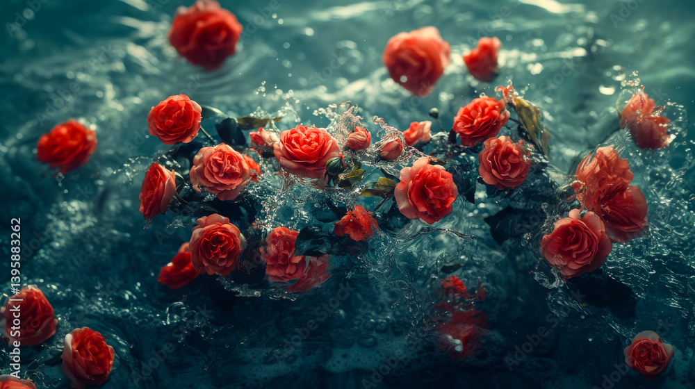 Beautiful aesthetic Roses flowers thrown into the water with splash drops in the pool. Abstract Summer Floral art. Aqua transparent texture. Spa and cosmetic concept background