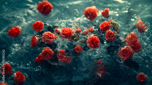Obraz na płótnie Beautiful aesthetic Roses flowers thrown into the water with splash drops in the pool. Abstract Summer Floral art. Aqua transparent texture. Spa and cosmetic concept background w salonie