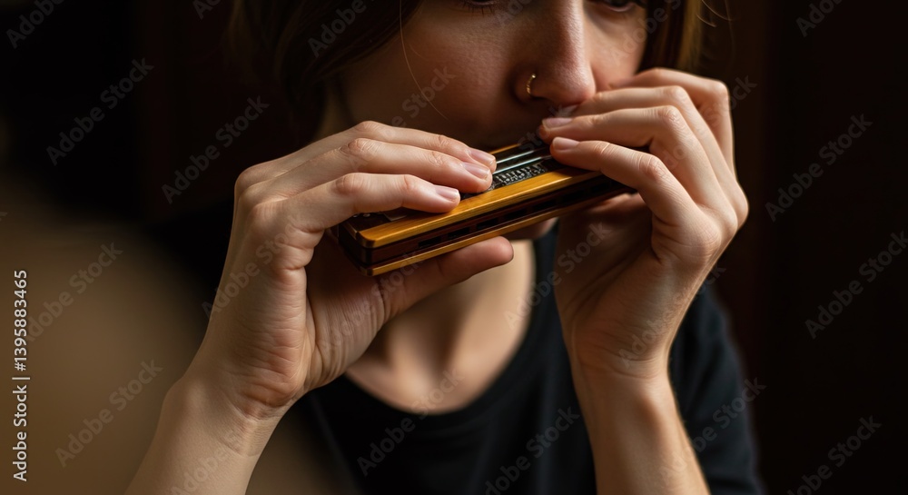 Close up of a person playing a yellow and black harmonica indoors