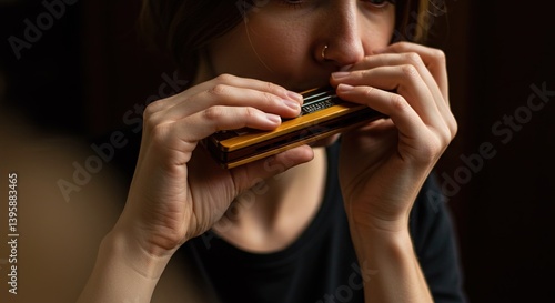 Obraz na płótnie Close up of a person playing a yellow and black harmonica indoors w salonie