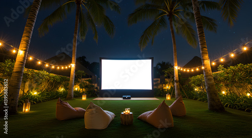 Tropical Evening Outdoor Cinema Setup Underneath Starry Sky Between Palms