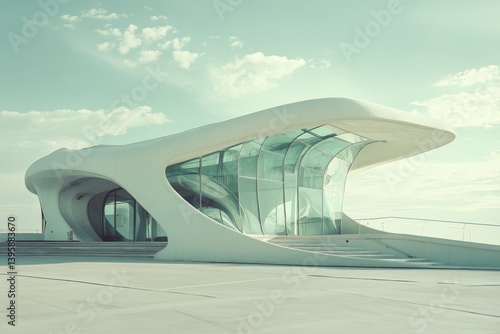 A futuristic, sleek architectural marvel in soft daylight, blending curves and glass against a serene sky.