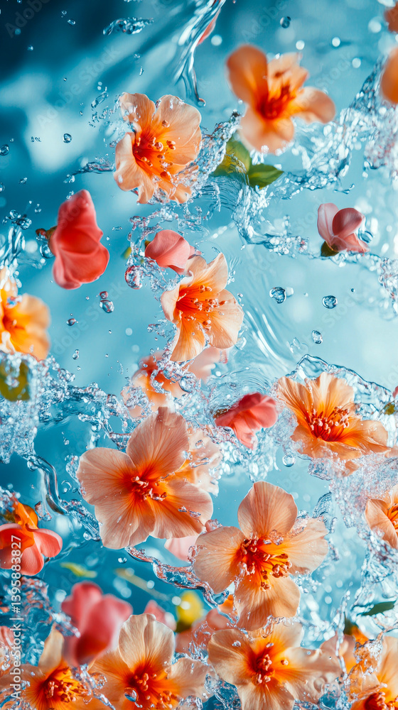 Beautiful aesthetic flowers thrown into the water with splash drops in the pool. Abstract Summer Floral art. Aqua transparent texture. Spa and cosmetic concept background