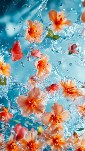 Obraz na płótnie Beautiful aesthetic flowers thrown into the water with splash drops in the pool. Abstract Summer Floral art. Aqua transparent texture. Spa and cosmetic concept background w salonie