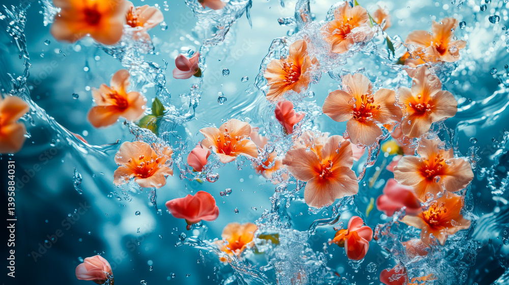 Beautiful aesthetic flowers thrown into the water with splash drops in the pool. Abstract Summer Floral art. Aqua transparent texture. Spa and cosmetic concept background