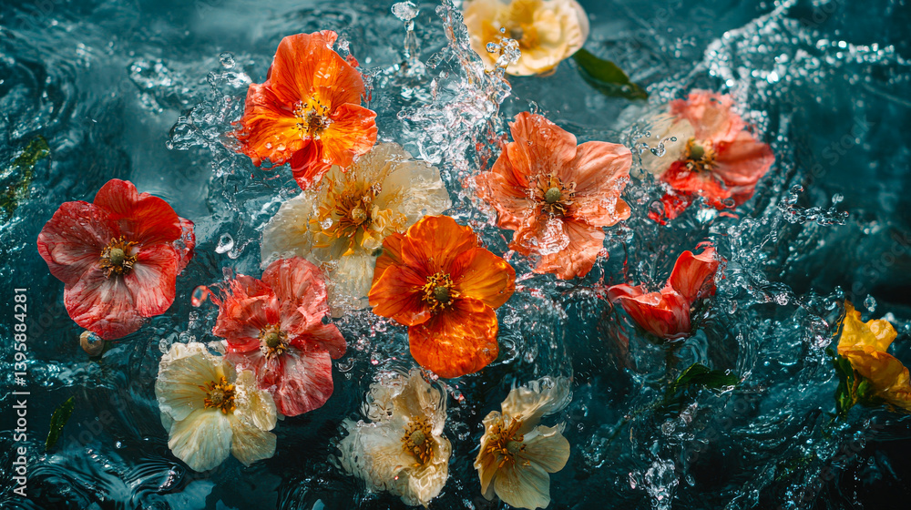 Beautiful aesthetic flowers thrown into the water with splash drops in the pool. Abstract Summer Floral art. Aqua transparent texture. Spa and cosmetic concept background