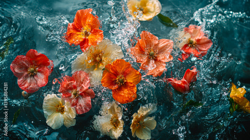 Obraz na płótnie Beautiful aesthetic flowers thrown into the water with splash drops in the pool. Abstract Summer Floral art. Aqua transparent texture. Spa and cosmetic concept background w salonie