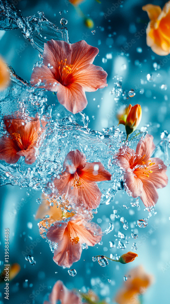Beautiful aesthetic flowers thrown into the water with splash drops in the pool. Abstract Summer Floral art. Aqua transparent texture. Spa and cosmetic concept background