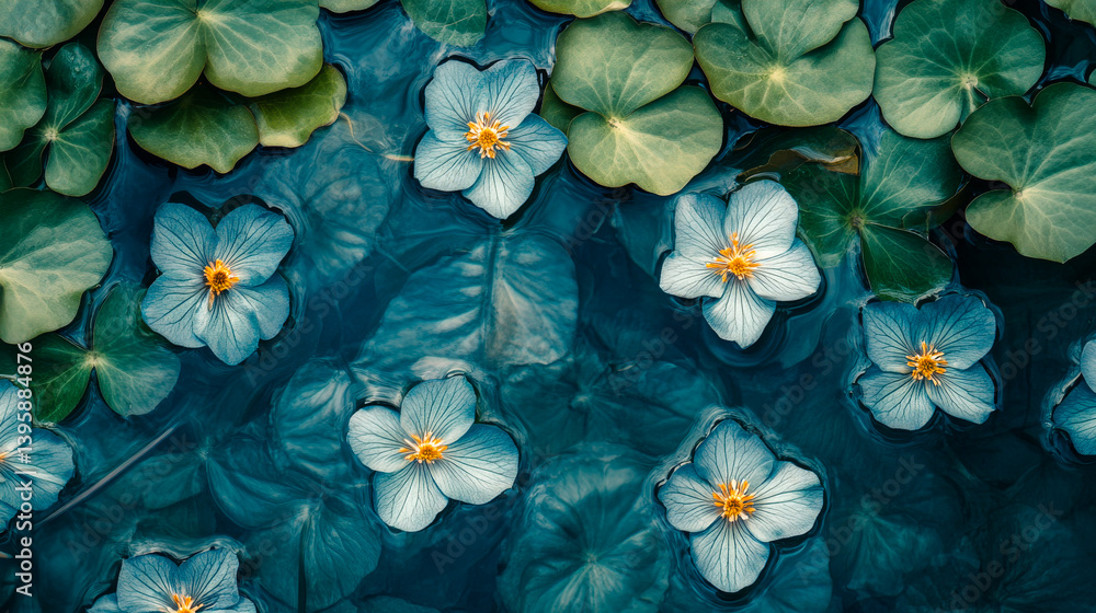 Beautiful aesthetic flowers in the pool water. Abstract Summer Floral art. Aqua transparent texture. Spa and cosmetic concept background