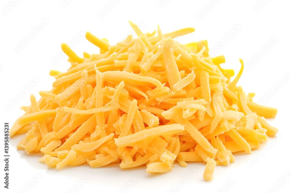 A pile of shredded orange cheese on a white background. A pile of shredded orange cheese on a white background.