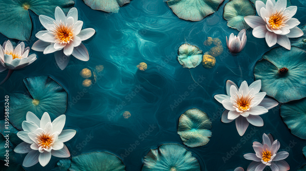 Beautiful aesthetic flowers in the pool water. Abstract Summer Floral art. Aqua transparent texture. Spa and cosmetic concept background with copy space