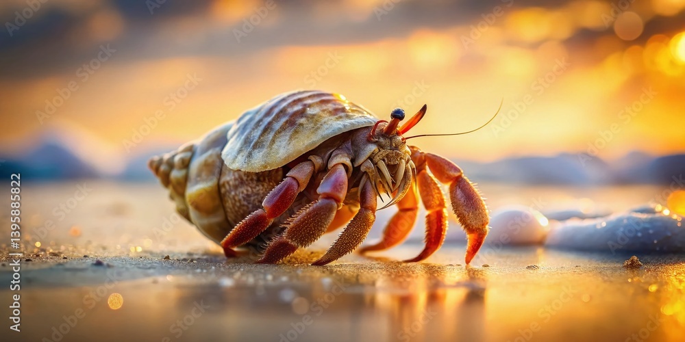 Fototapeta premium Hermit Crab on Sandy Beach: Close-Up Double Exposure with Seashells
