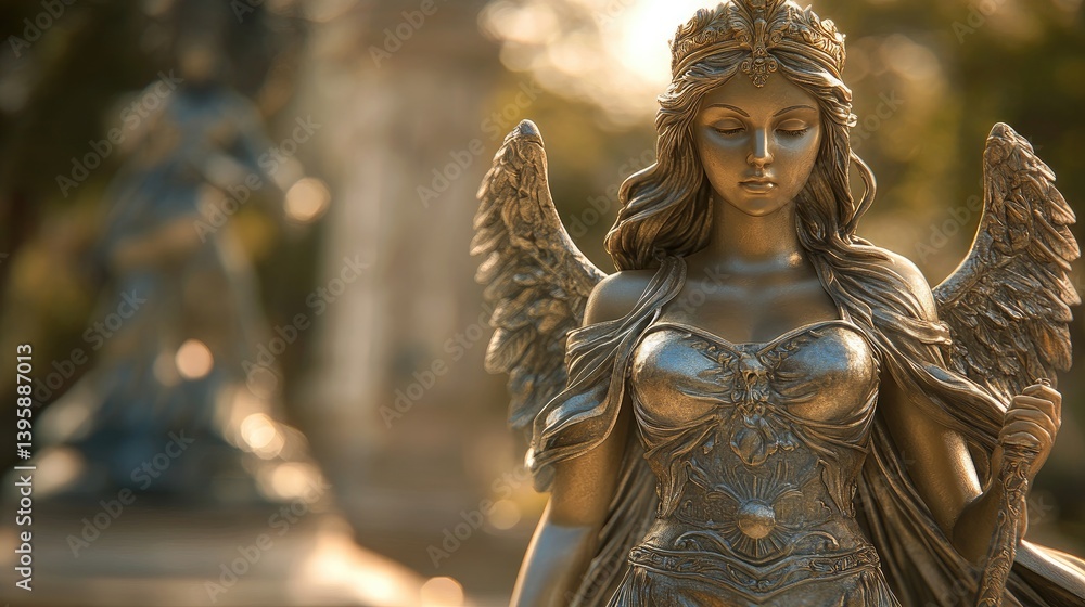 Serene golden angel statue in park setting Serene golden angel statue in park setting