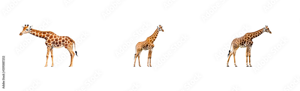 Naklejka premium Three giraffe isolated on black background, animal wildlife, Africa, cut out transparent