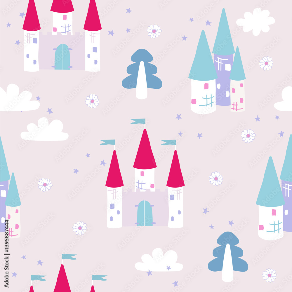 custom made wallpaper toronto digitalSeamless pattern with castles. Girlish cute print. Vector hand drawn illustration.