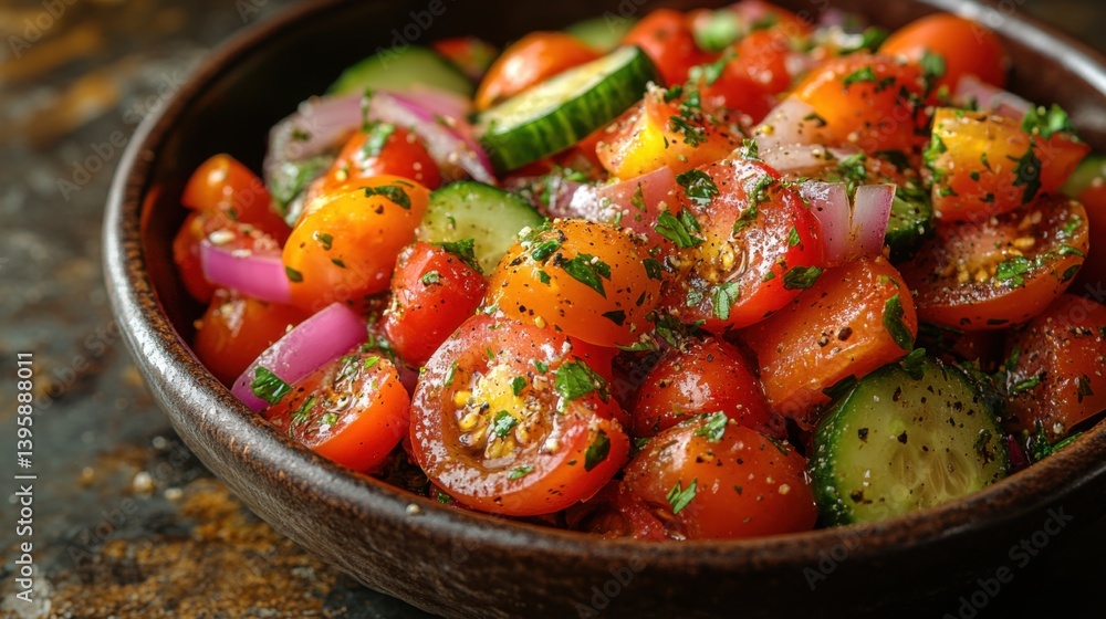 Fresh vegetable salad with cherry tomatoes, cucumbers, and onions garnished with herbs on a rustic table Fresh vegetable salad with cherry tomatoes, cucumbers, and onions garnished with herbs on a rustic table