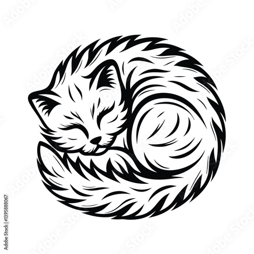 Cuddle Kitten Curled Up Cat Black and White Silhouette, Pet, Domestic Animal, Sleepy