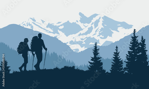 Minimalist Vector of Couple Hiking in Alpes Mountains, Scenic Adventure Travel Art